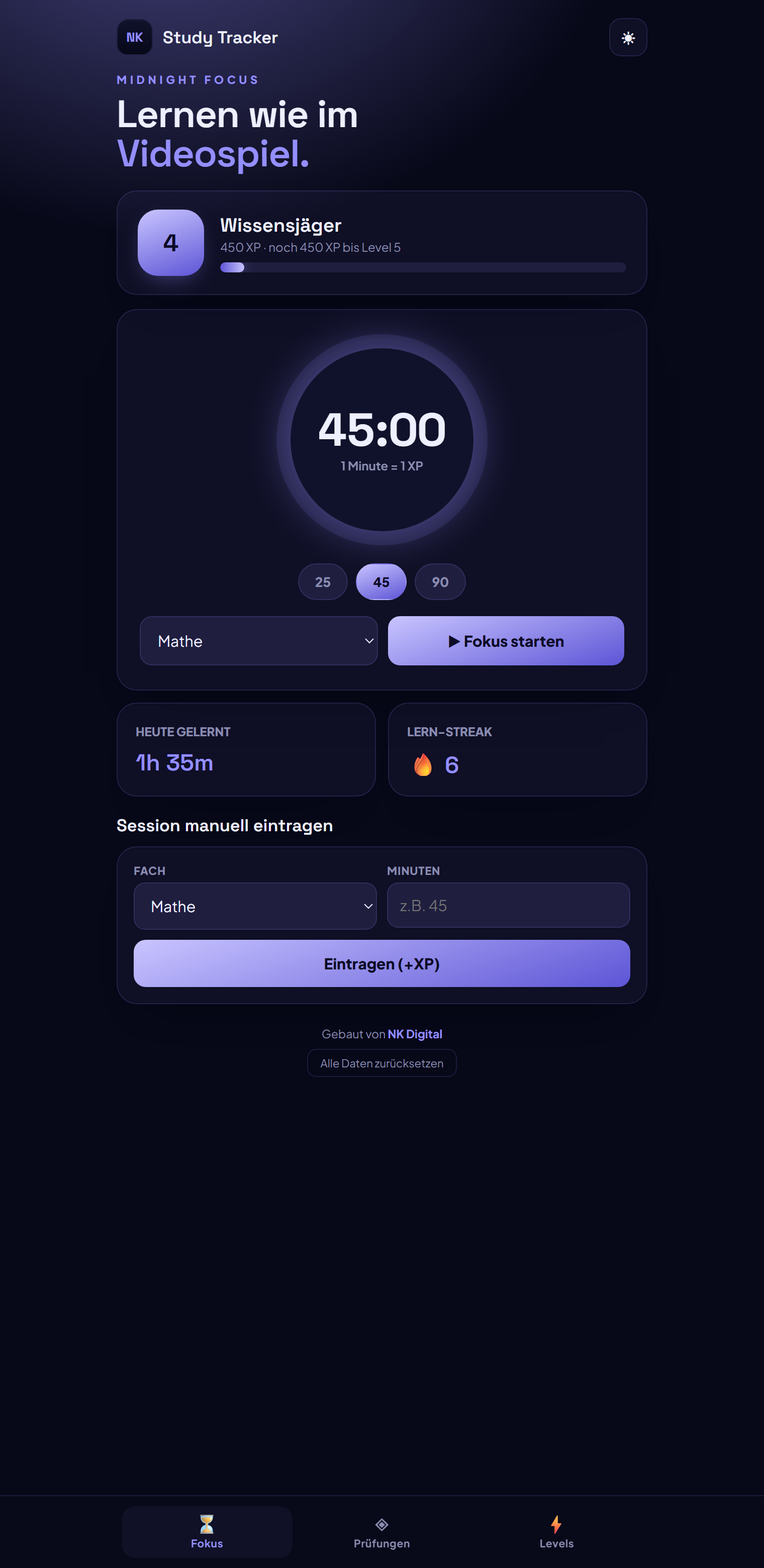 Study Tracker: Pomodoro-Timer und XP-Level-System